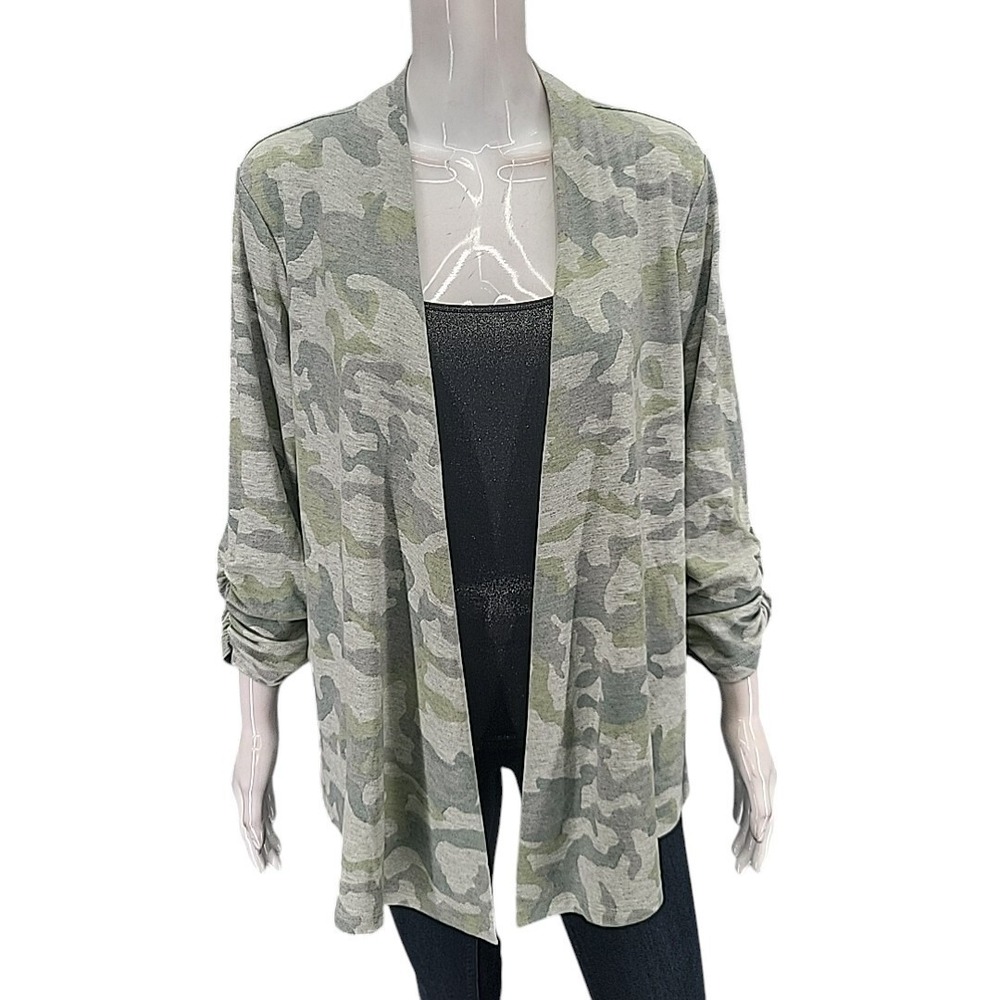 Susan Graver Petite Large Camo Printed French Terry Cardigan A479187